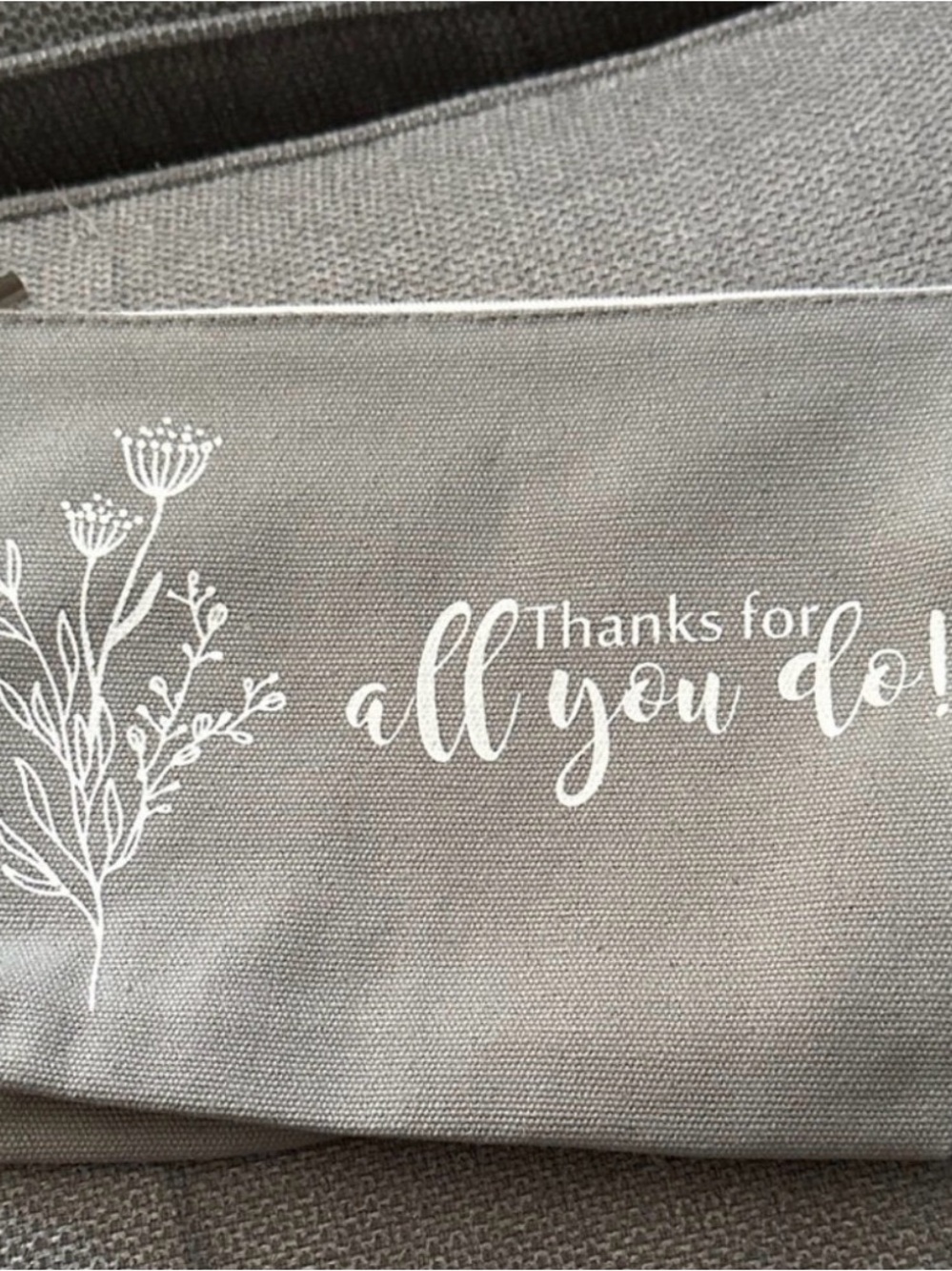Canvas Tote or Pouch with White Floral Script - 'Thanks for all you do'
